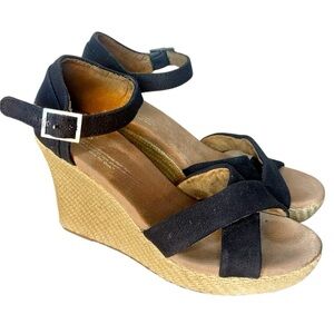 TOM’S Black Sienna Wedge Espadrilles Sandals Platform Strappy Size 8.5